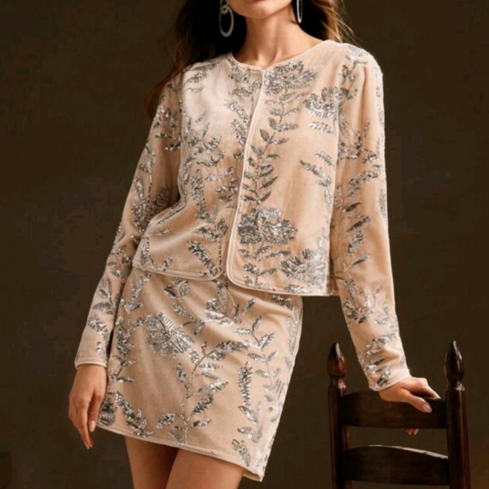 Women's Velvet Floral Beaded Mini Skirt Suit, Suitable For Autumn/Winter - Picture 5 of 5